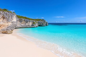 Naklejka premium Serene Tropical Beach with Turquoise Water and Rocky Cliffs under a Vibrant Blue Sky. A Peaceful Coastal Paradise Ideal for Relaxa