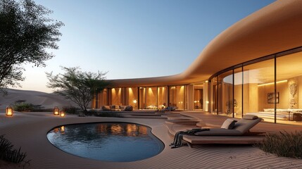 Fototapeta premium Desert resort villa with pool at sunset.