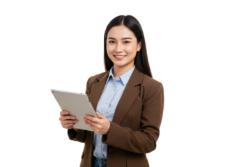 A young woman in a brown blazer over a light blue shirt, holding a tablet and smiling