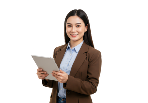 A young woman in a brown blazer over a light blue shirt, holding a tablet and smiling