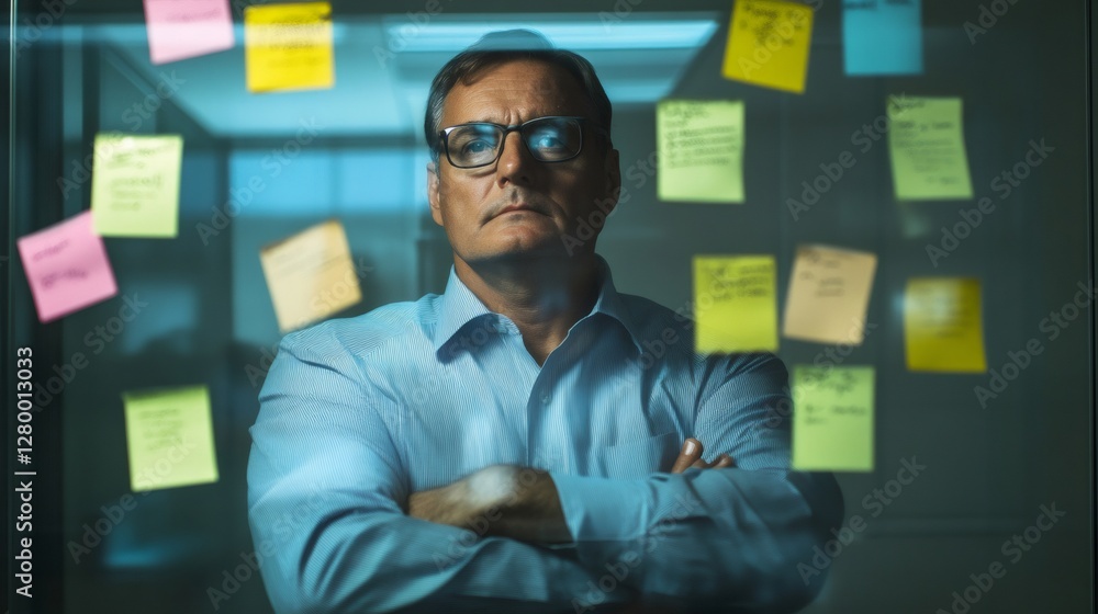 Poster Business professional stands confidently amidst a chaotic array of sticky notes, symbolizing multitasking and time management under pressure. The scene captures the essence of workplace stress