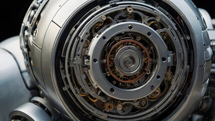 Mechanical Marvel: A close-up reveals the intricate inner workings of a metallic machine, showcasing gears, circuits, and other detailed components.
