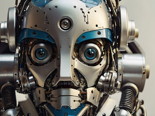 Fototapeta premium Cybernetic Gaze: A close-up portrait of a highly detailed robot's face, featuring intricate mechanical components, bright blue eyes, and a sense of artificial intelligence and futuristic technology.