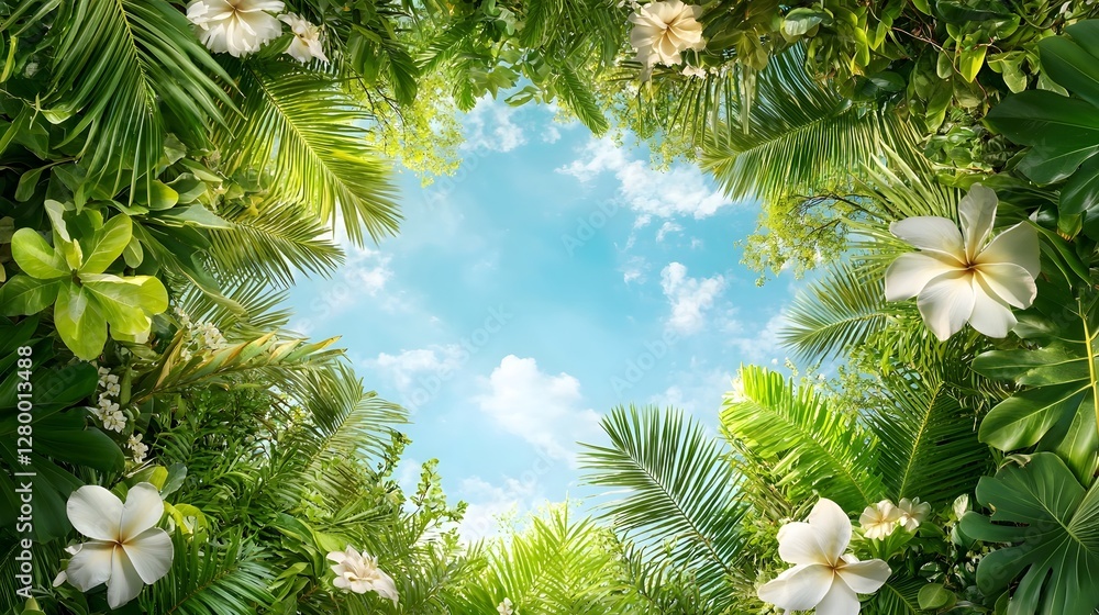 Poster lush tropical tree canopy with vibrant green foliage viewed from below against a clean white backgro