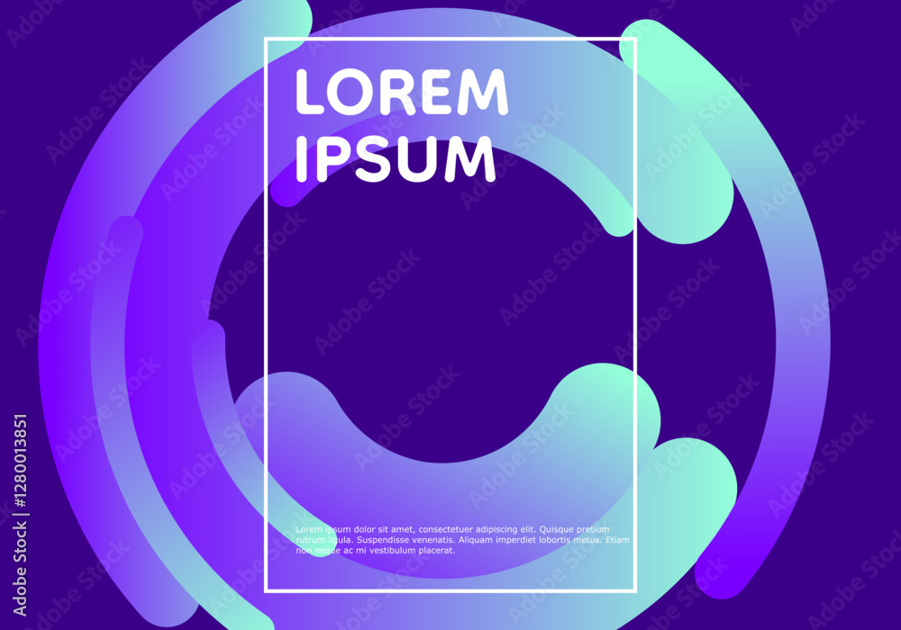 Poster abstract fluid gradient shapes with frame on dark violet background