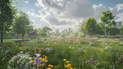 Obraz premium Idyllic city park with wildflowers and distant cityscape provides serenity