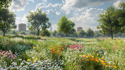 Obraz premium Scenic Meadow in Urban Park with Blooming Wildflowers and City Skyline