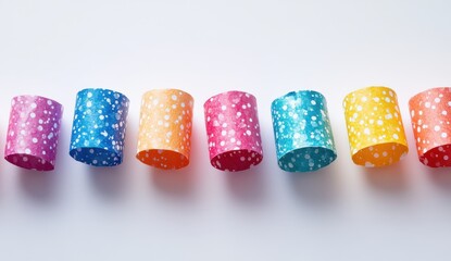 Colorful Festive Party Streamers in Various Bright Shades with White Dots Arranged Horizontally on Clean Background