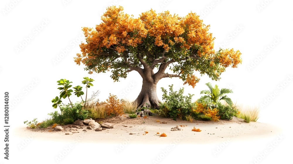 Poster majestic baobab tree with its massive trunk and sparse branches set against a minimalist white backg