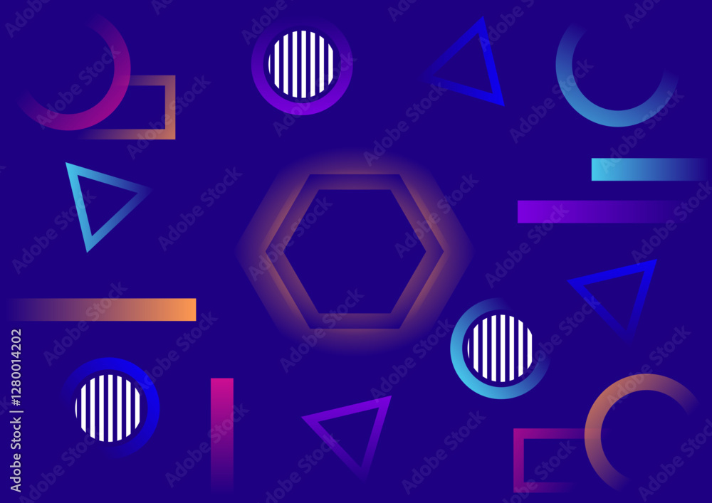 Poster dynamic geometric shapes composition with vibrant gradient on blue background