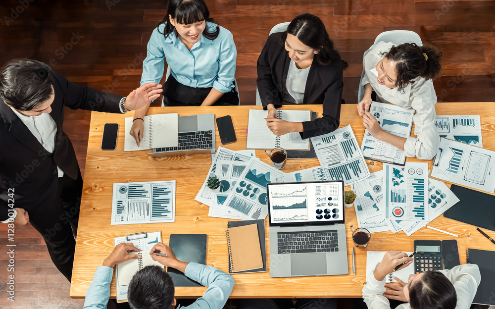 Poster wide top view of diverse group of business analyst team analyzing financial data report paper on mee