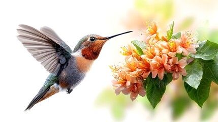 Fototapeta premium Captivating photograph showcasing a hummingbird delicately hovering near a vibrant tropical flower in the lush green rainforest setting isolated against a pristine white background