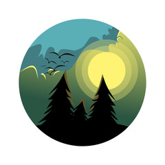 Enigmatic evergreen forest silhouette illustration with a serene sunset