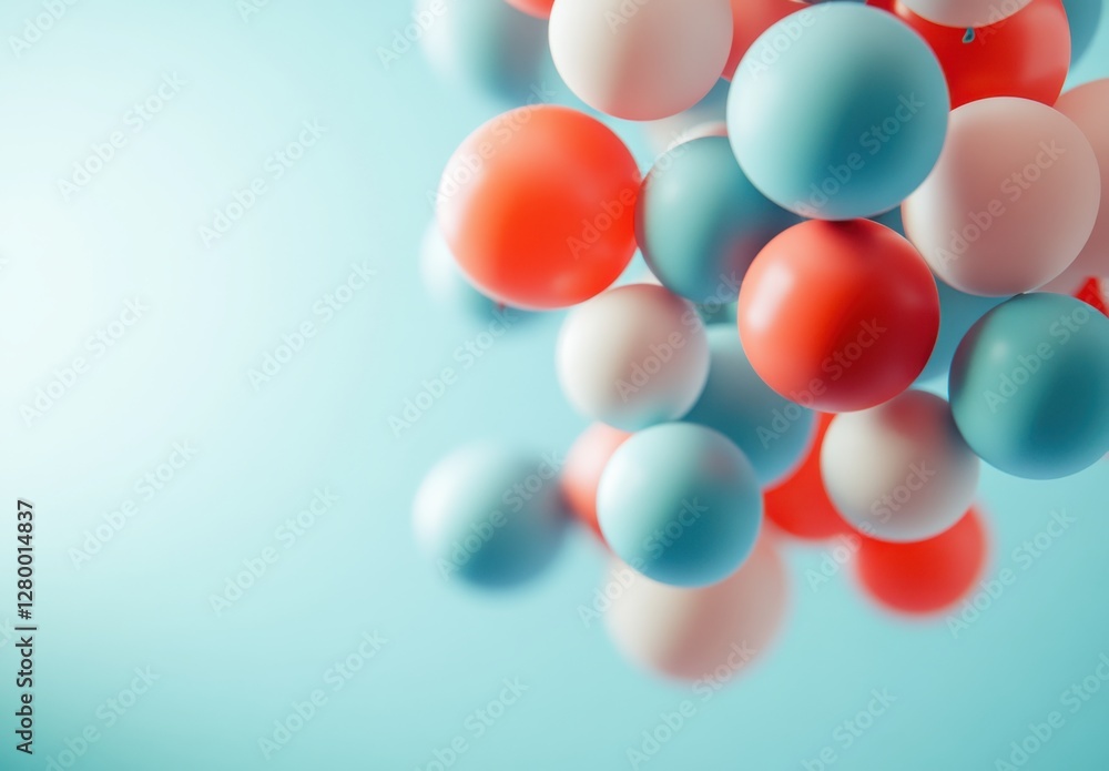 Poster colorful floating balls with soft focus against a light blue background, perfect for fun and playful