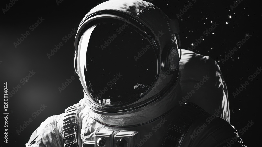 Poster astronaut in space suit with empty helmet against starry background