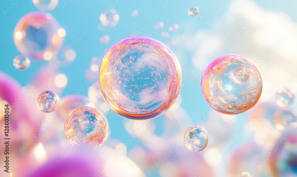 Poster colorful floating soap bubbles with soft background and sunlight reflections in a dreamy atmosphere 