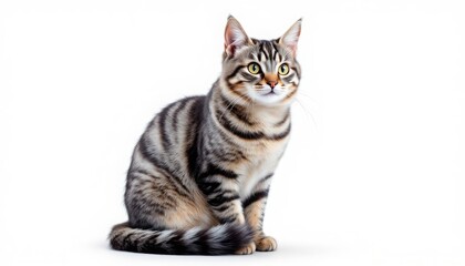 Obraz premium Striped Tabby Cat Sitting on White Background Looking Attentively
