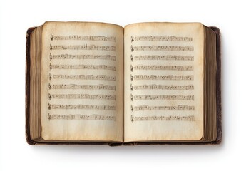 Aged open music book on white background
