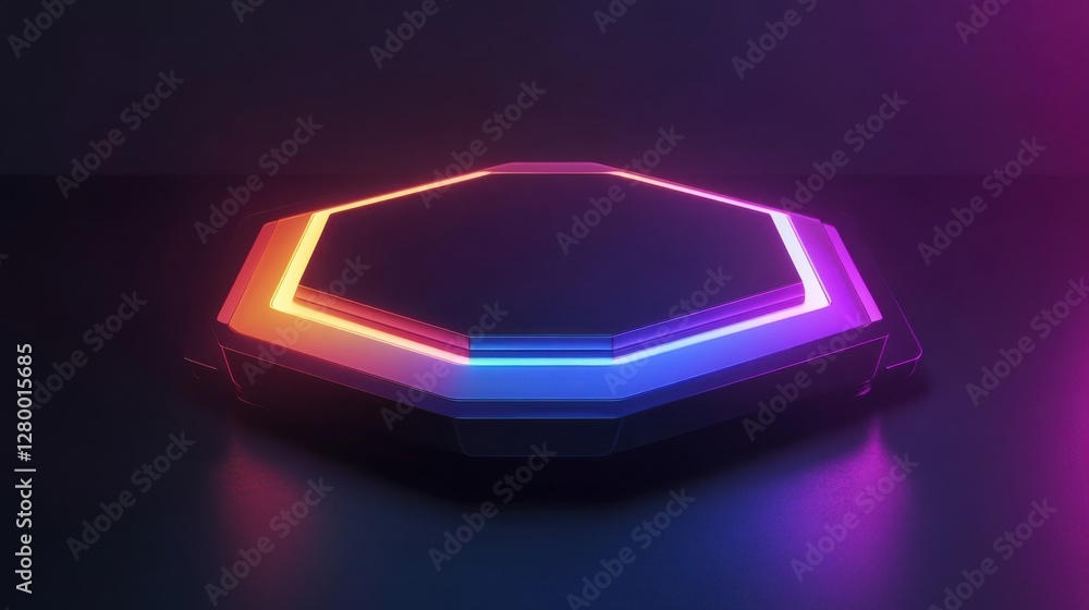 Poster abstract neon hexagonal platform with glowing edges in a dark setting