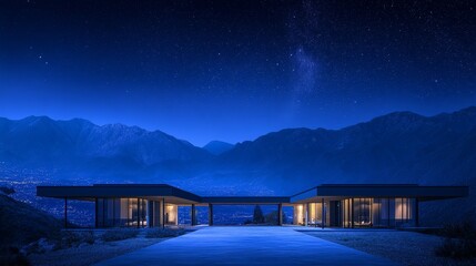 Contemporary mountain homes under the starry night sky showcasing modern architectural design and beautiful landscape integration in peaceful scenery