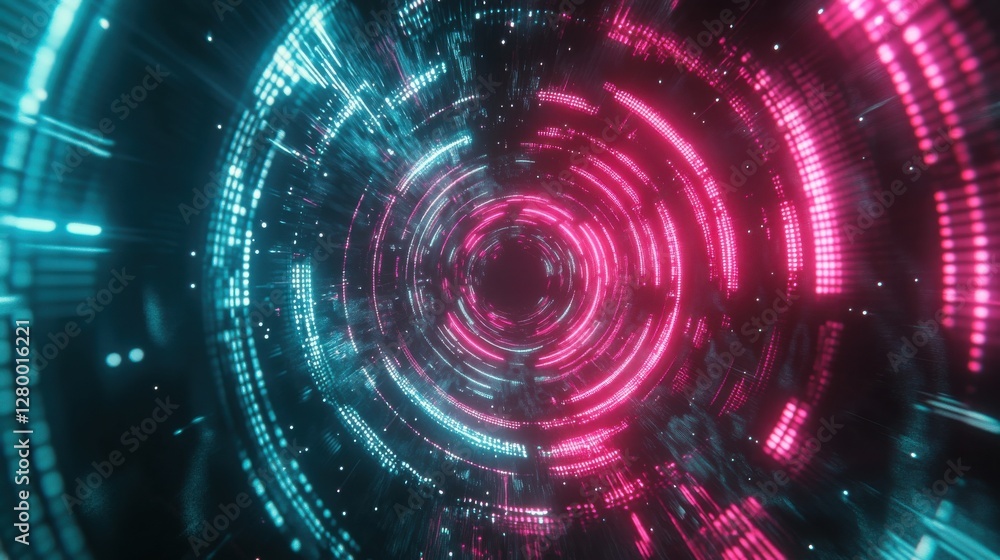 Poster abstract digital tunnel with glowing neon lights and patterns
