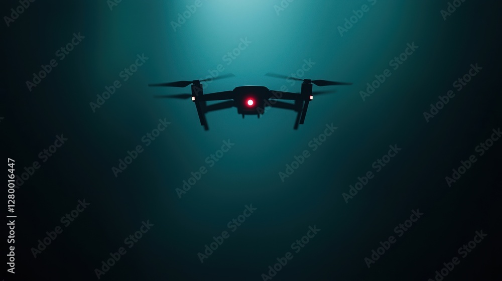 Poster border security inspection concepts. drone flying in a dark, illuminated atmosphere with a red light