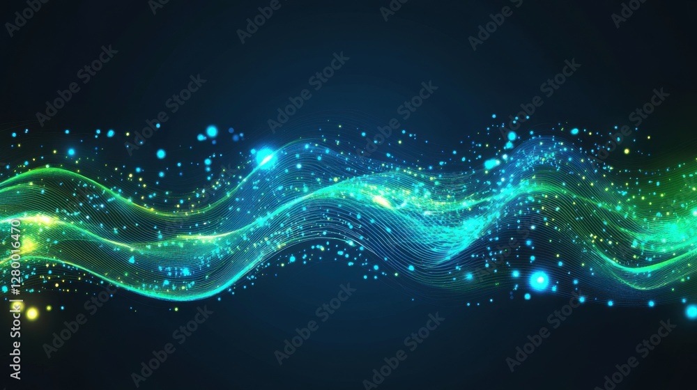 Poster abstract colorful waves with glowing particles on dark background