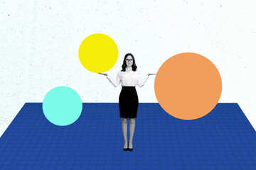 Composite art 3d creative image collage of serious businesswoman show two ball sphere comparison size development idea success