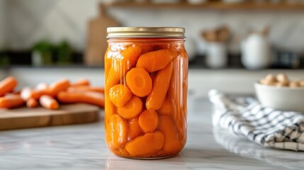A Jar of Pickled Baby Carrots on a Kitchen Counter