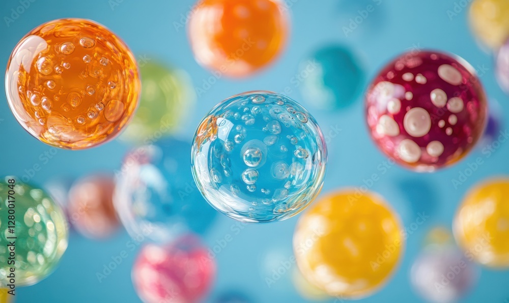 Poster colorful glass orbs with bubbles floating against a blue background, creating an eye-catching and pl