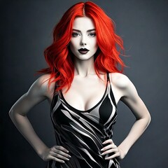Fototapeta premium a beautiful woman with red hair wearing black and white standing in attractive pose
