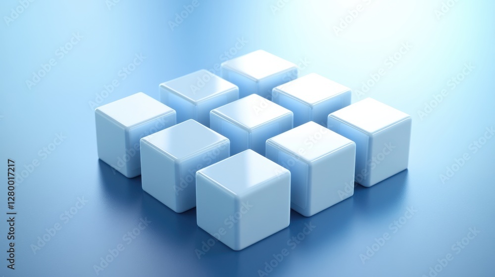 Poster white 3d cubes arranged in grid pattern on soft blue background