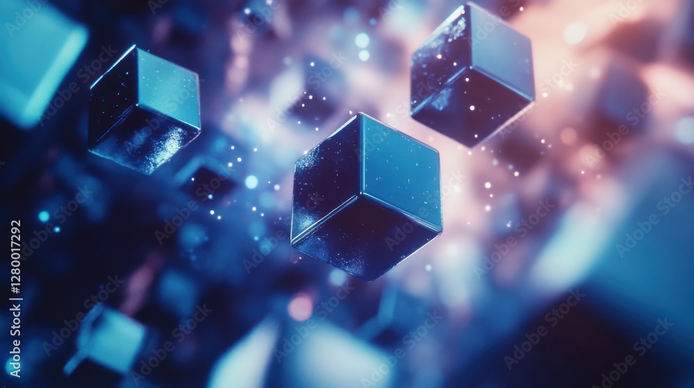 Poster abstract 3d floating cubes with neon lights and glowing particles