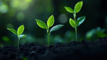 Three vibrant green seedlings sprout from dark soil. Illustrates growth, new beginnings, and environmental themes.