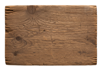 A rectangular piece of aged wooden plank with visible grain and texture, isolated on a white background