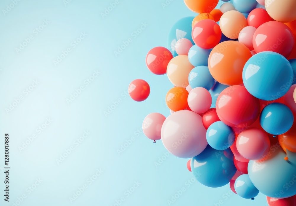 Poster colorful glossy bubbles in various sizes floating on a soft background, perfect for design projects,