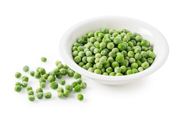 Frozen Green Peas in a Bowl on a White Background