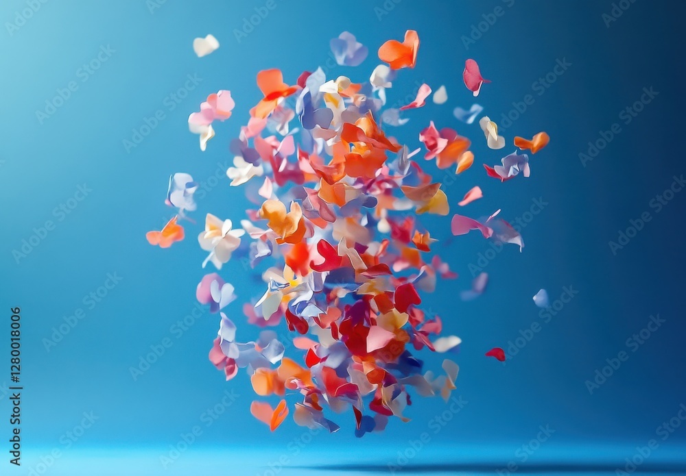 Poster colorful hearts falling in the air creating a vibrant and playful atmosphere against a blue backgrou