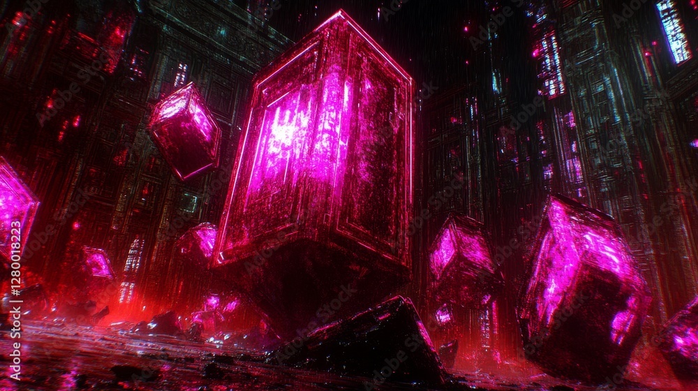 Poster Luminous amethyst crystal formation in a captivating cavernous space with intense magenta glow and scattered light particles creating depth