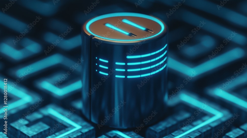 Poster futuristic metallic object on a digital circuit board with glowing patterns, symbolizing advanced te