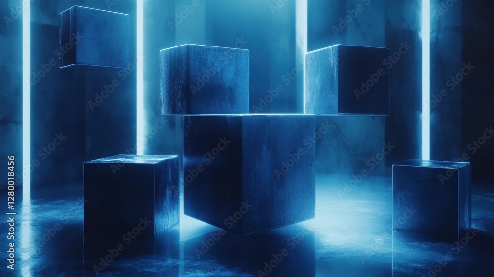 Poster futuristic abstract scene with floating cubes and neon lights