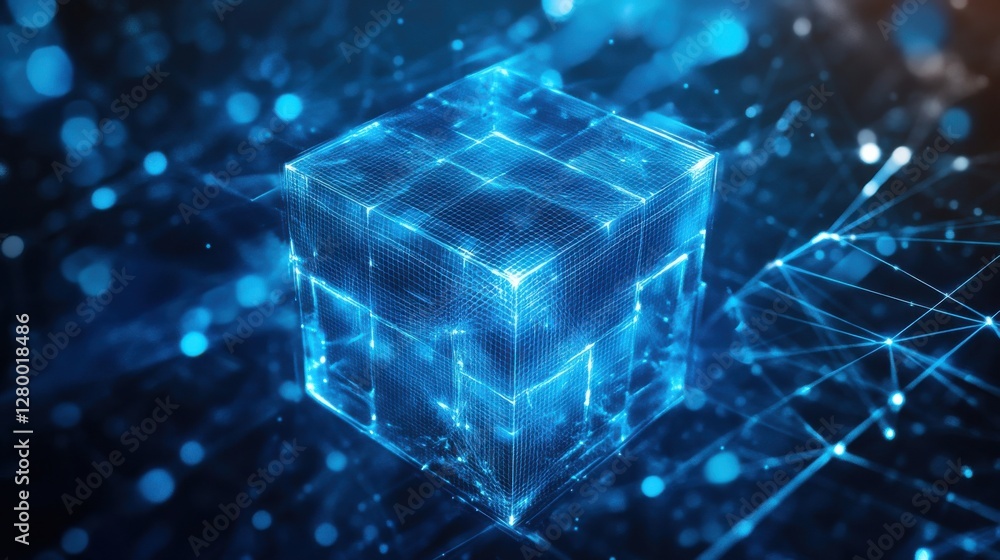 Poster digital cube surrounded by glowing blue particles in abstract space
