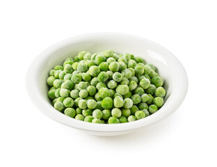 Frozen Green Peas in a Bowl on a White Background
