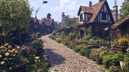 Obraz premium Picturesque Medieval Village Street: A charming cobblestone path lined with quaint houses and vibrant flower gardens.