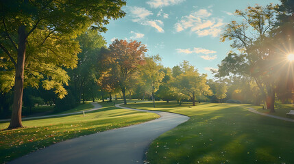 Obraz premium Scenic park pathway winding through lush greenery under a bright sky