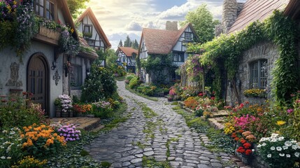 Fototapeta premium Enchanted Village: A Cobblestone Street Lined with Blooming Flowers and Quaint Houses
