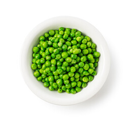 Boiled Green Peas in a Bowl on a White Background, Viewed from Above