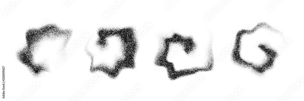 Aufkleber dotted smoky shapes. grainy fluid spots and stains. black stippled flowing dust set. noise splashes 