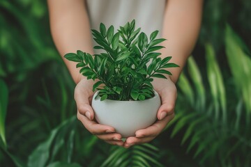 Fototapeta premium Person Holding Green Plant in White Pot Surrounded by Foliage