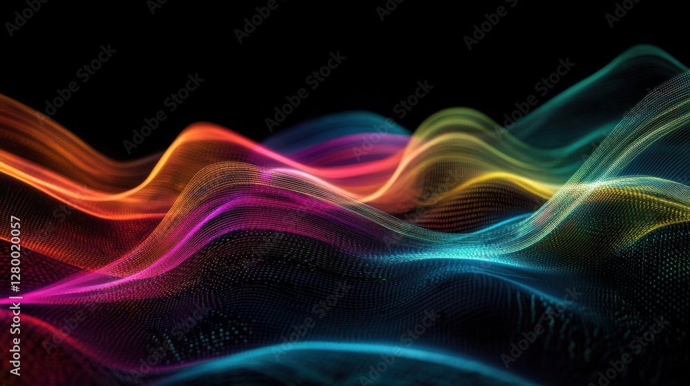 Poster colorful abstract waves with light trails on a black background
